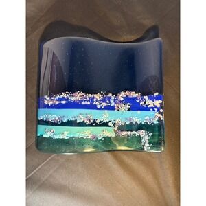 Fused Glass Art Plate Abstract Coastal Ocean Wave Blue Green‎ Desk Decor